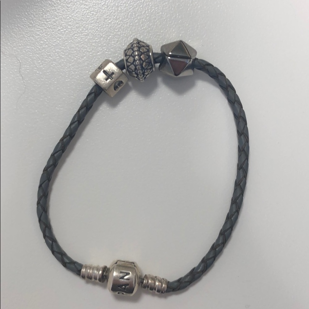 Pandora grey leather bracelet with 3 charms